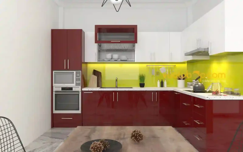 Mẫu tủ bếp kết hợp giữa 2 màu trắng và đỏ đun rất sang trọng và hiện đại 